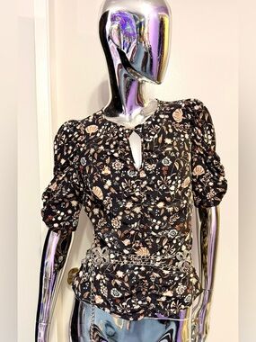 Spring Special🌷Frame Black Floral Keyhole Puff-Sleeve Blouse - silk